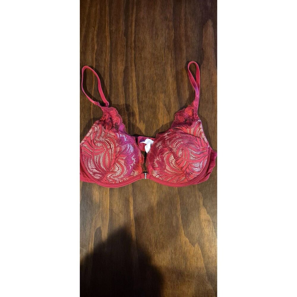Adored by Adore Me 34C Red Lace Push Up Bra Rhinestone Accent Sexy EUC